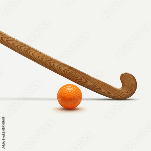 Wooden Hockey Stick and Orange Ball Simple Sport Still Life.