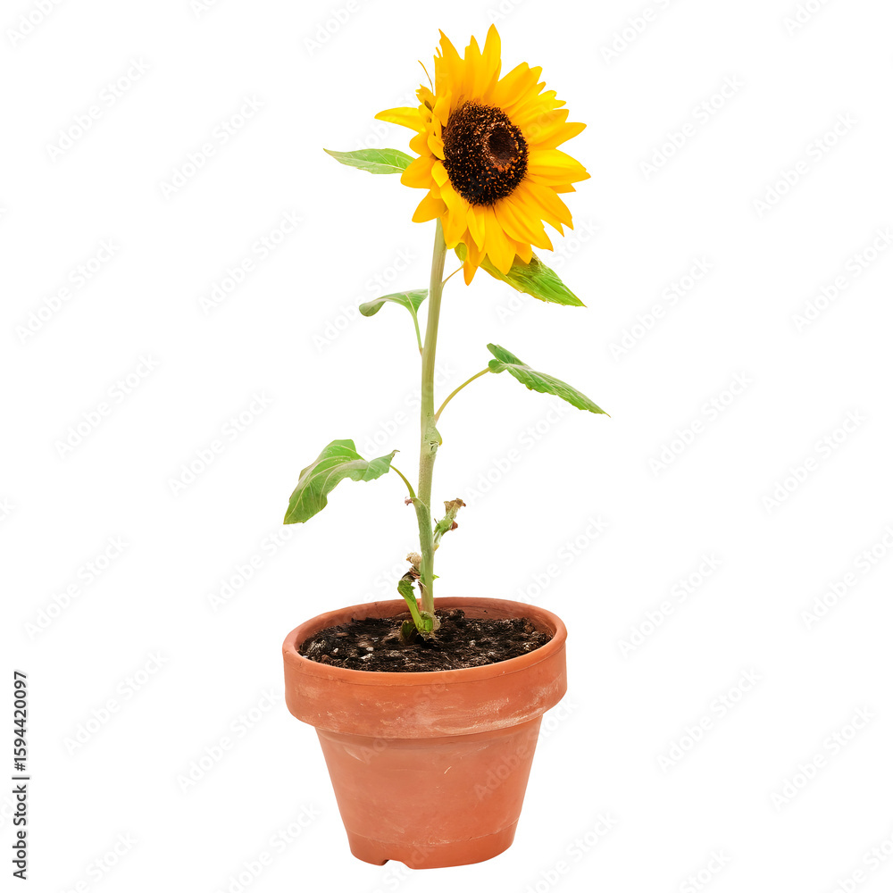 Obraz premium Realistic sunflower growing in a small clay pot isolated on transparent background