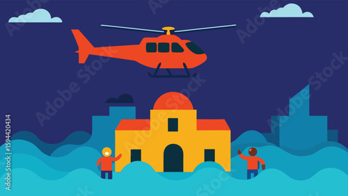 Helicopter Rescuing People from Flooded Buildings Vector Illustration