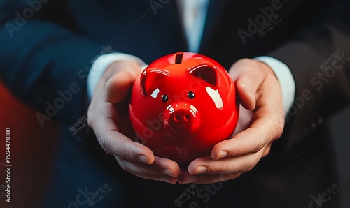 Businessman holding a red piggy bank. The concept of an overheated market and stocks. High returns on deposits and investments. High inflation. Overheating of the economy.