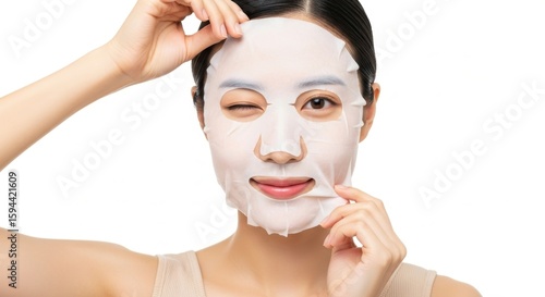 Unveiling Radiance: A Woman Removes Her Sheet Mask, Revealing Glowing Skin,Achieving a Fresh and Radiant Glow with a Nourishing Sheet Mask