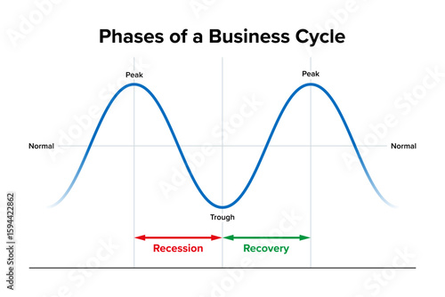 Phases of a business cycle, diagram. Intervals of general expansion followed by recession in economic performance. Chart showing sequences of recession and recovery phases, between peaks and troughs.