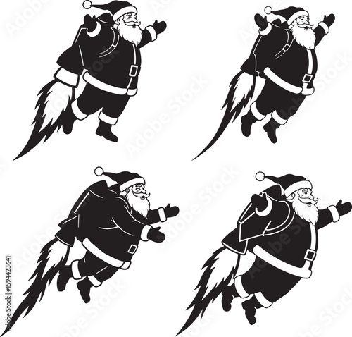 Four dynamic santa claus flying with jetpack silhouette