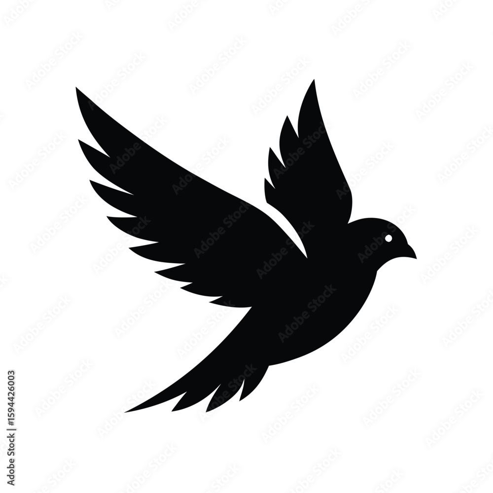 Obraz premium Silhouette of tiny bird flying on white background delicate small bird in motion icon