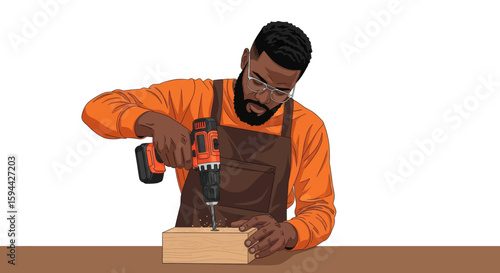 Skilled male craftsman with a beard and glasses drilling into a wooden block, showcasing woodworking and DIY home improvement projects