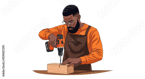 Skilled male craftsman with a beard and glasses drilling into a wooden block, showcasing woodworking and DIY home improvement projects