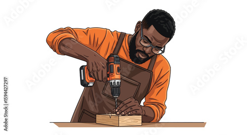 Skilled male craftsman with a beard and glasses drilling into a wooden block, showcasing woodworking and DIY home improvement projects