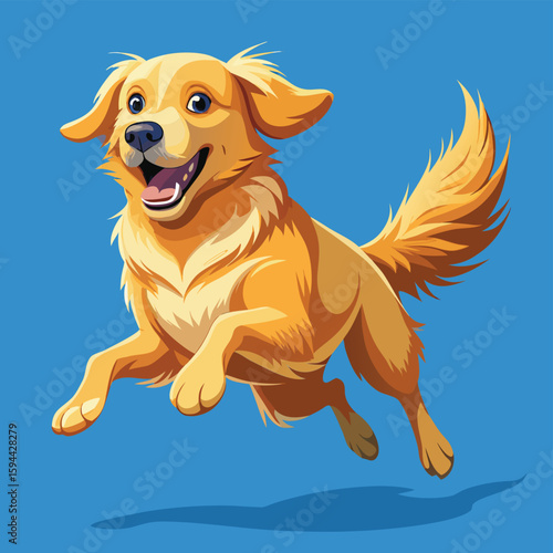 A cute, happy golden retriever puppy energetically runs and jumps with a ball, a joyful purebred pet