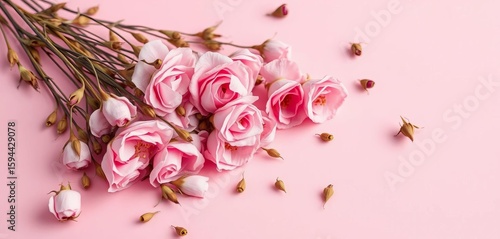 Delicate dried pink roses scattered on a soft pink backdrop,  delicate,  vintage