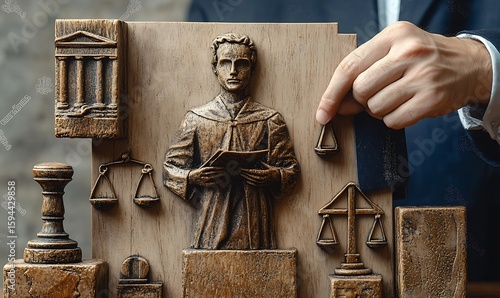 A man collects the components of the judicial system and legislation. Law, legal structure, justice, courts, legal framework, and policymaking.