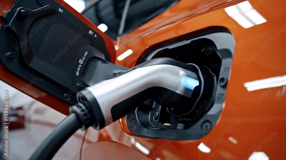 Copper orange electric car charging indoors, dolly push in Copper orange electric car charging indoors, dolly push in