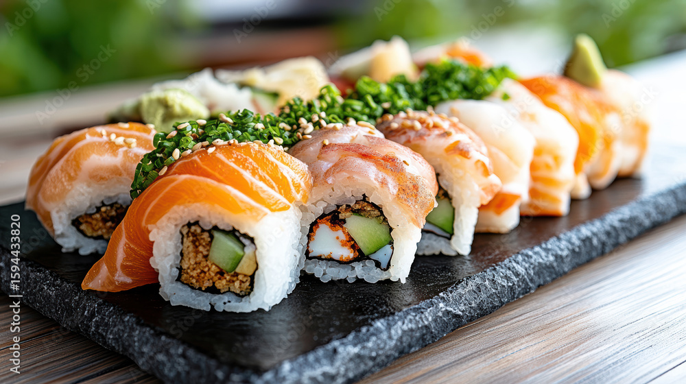 Artful sushi arrangement on black stone plate with fresh ingredients and vibrant colors Artful sushi arrangement on black stone plate with fresh ingredients and vibrant colors