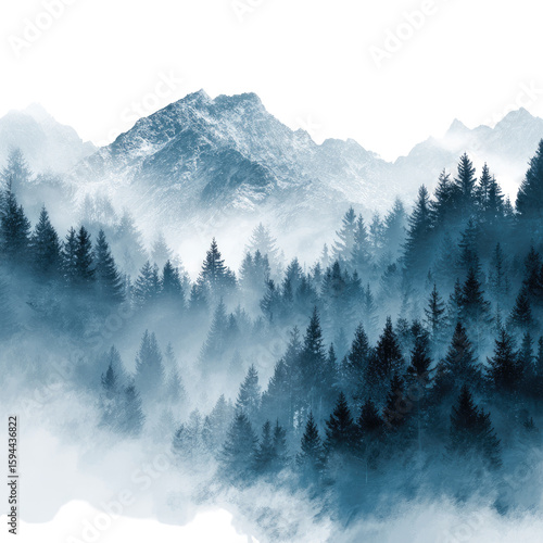 Misty mountain range with evergreen forest