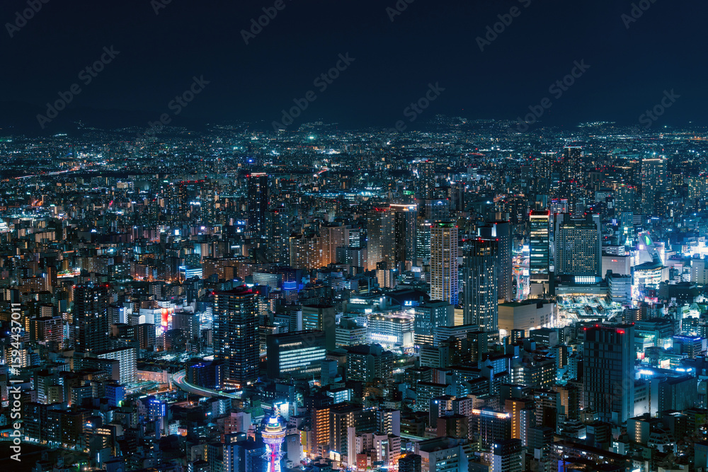 Naklejka premium Cityscape of Osaka central area at night 