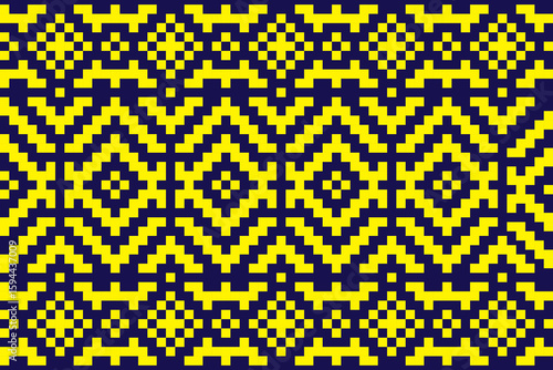 Abstract geometric pattern with repeating diamond and zigzag shapes in yellow and blue design
