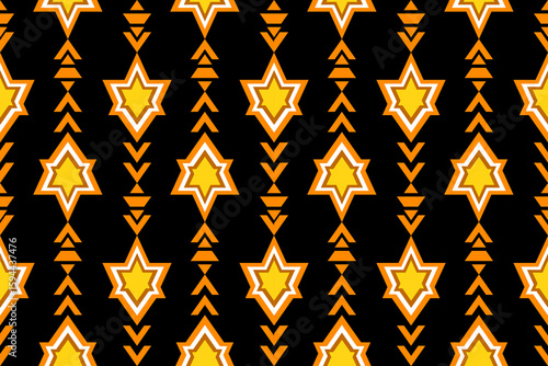 Geometric seamless pattern with seven pointed stars and chevron shapes in orange and yellow on black