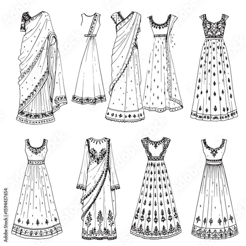 Embroidered Indian Dress Elegant Festive Ethnic Gown line art classic style invited festivity handmade artistry
