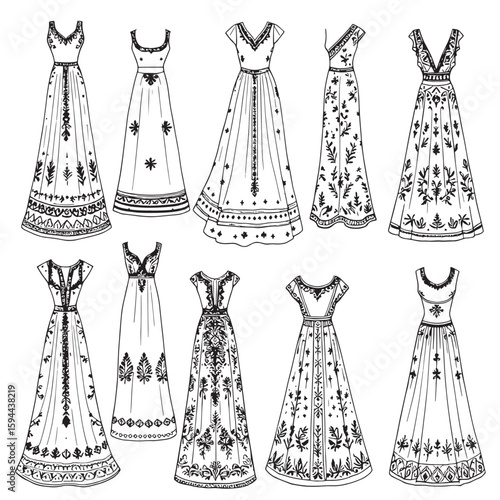 Embroidered Indian Dress Elegant Festive Ethnic Gown line art classic style invited festivity handmade artistry