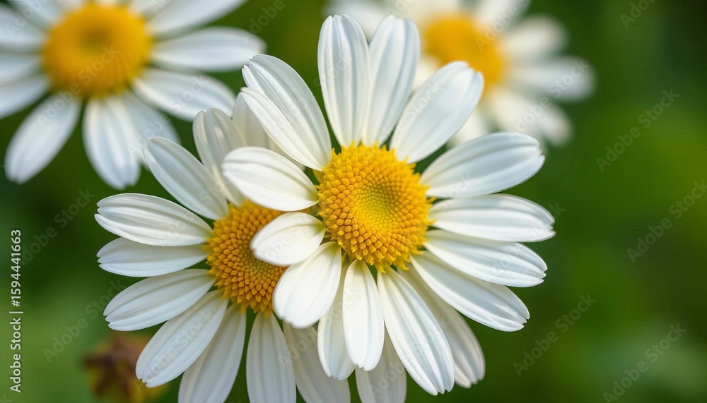 Fototapeta premium Intricate chamomile blossoms, soft yellow petals, delicate stamens, blurred green background, summer, flowers
