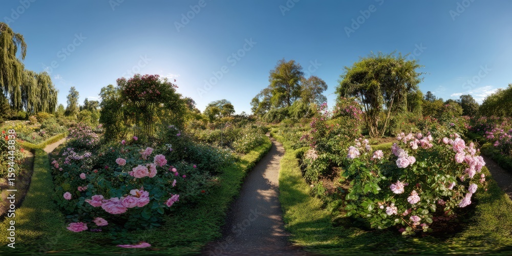 Obraz premium Panoramic 360 degrees hdr view of a beautiful flower garden in nature vibrant and lush environment
