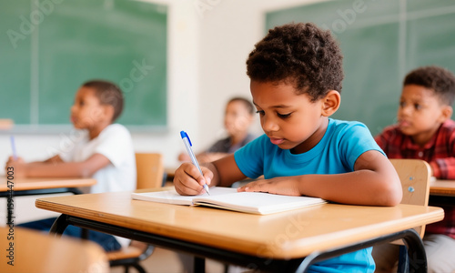 Young Black child diligently taking notes in a notebook during a lesson.