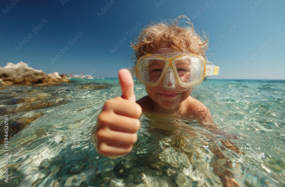 Fototapeta premium Child snorkeling, thumbs up (1)