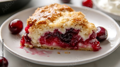 Cherry Crumble Pie Slice with Creamy Filling on a White Plate