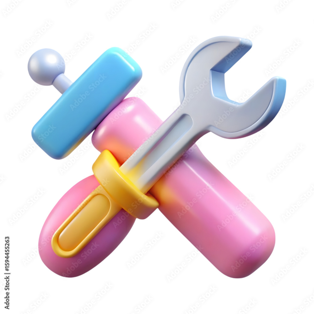 Cute 3d rendered cartoon wrench and hammer tools isolated on transparent background Cute 3d rendered cartoon wrench and hammer tools isolated on transparent background