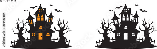 Haunted halloween house at glowing moon and dead trees, bats silhouette vector illustration