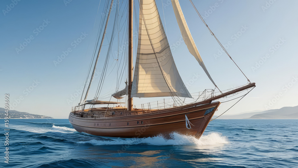 Fototapeta premium A beautiful yacht and sailing boat glide across the summer sea under a clear sky