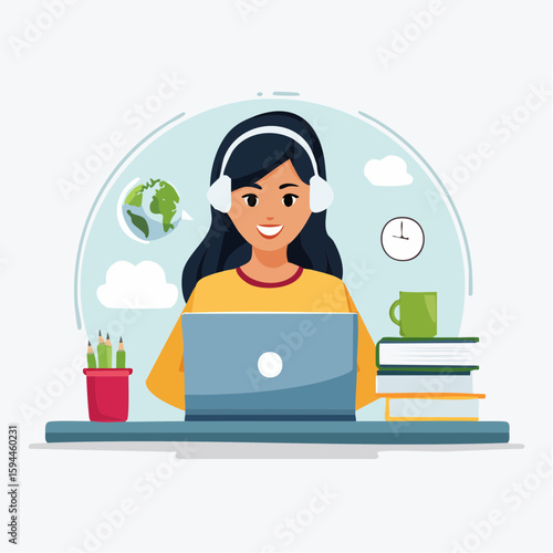 Woman Working from Home: A woman engrossed in her work, typing diligently on her laptop while comfortably situated at her desk, in a bright and cheerful home office setting.