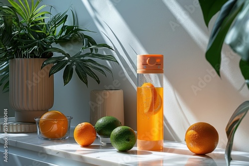 Transparent bottle with orange liquid and citrus slices fruit