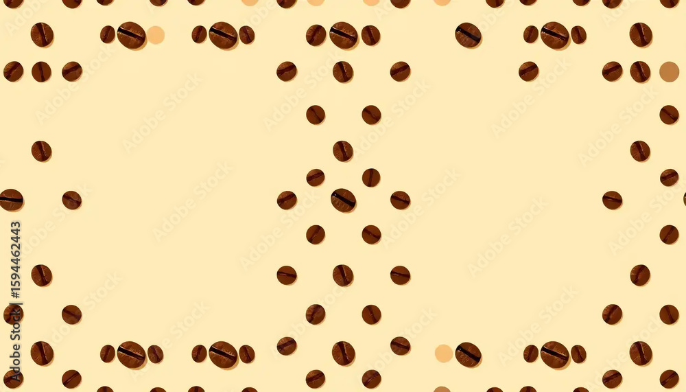 Obraz premium A decorative border of roasted coffee beans frames a soft, creamy yellow background, creating a warm and inviting space for text