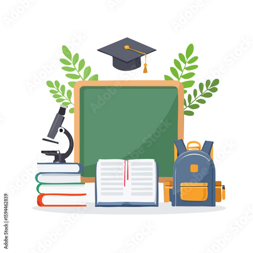 Education's Essence: A vibrant illustration, featuring a tableau of educational elements, a metaphor for learning and discovery. A blackboard stands central, symbolizing a journey through books.