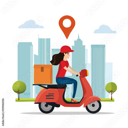 Swift Delivery in the City: A delivery person navigates the cityscape on a scooter, the parcel secured, GPS marker pinpointing their route, illustrating urban mobility.