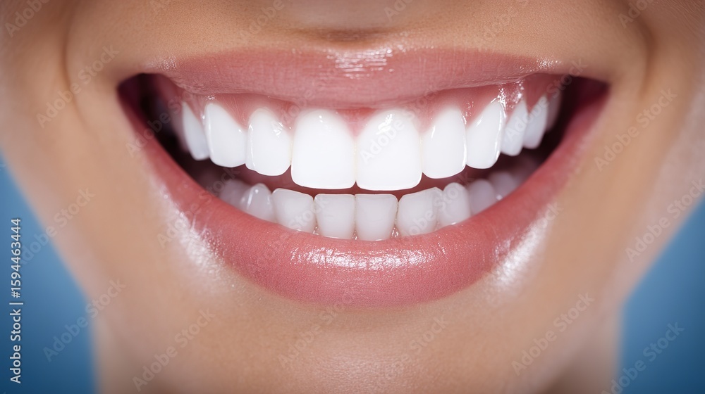 Close-up of healthy white teeth with clean gums against a blue gradient background. Close-up of healthy white teeth with clean gums against a blue gradient background.