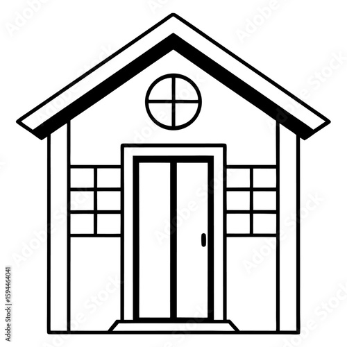 Simple line art drawing of a garden shed with door and window