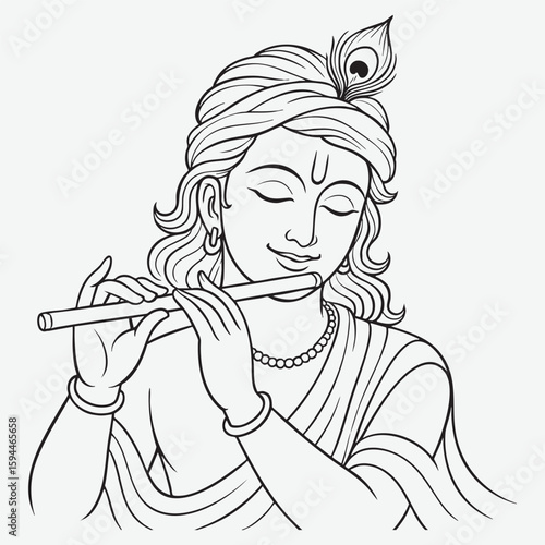 Young man playing flute with peacock feather Krishna