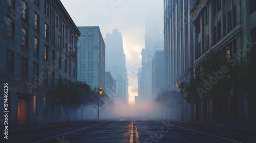 Fototapeta Naklejka Na Ścianę i Meble -  Foggy city street scene at dawn tall buildings line a misty road Urban