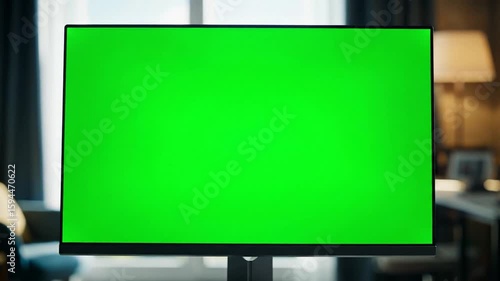 Modern professional monitor with a green screen in a home office, dolly push in