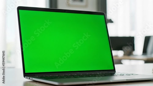 Wallpaper Mural Laptop with a green screen on a desk in a modern office, dolly shot Torontodigital.ca