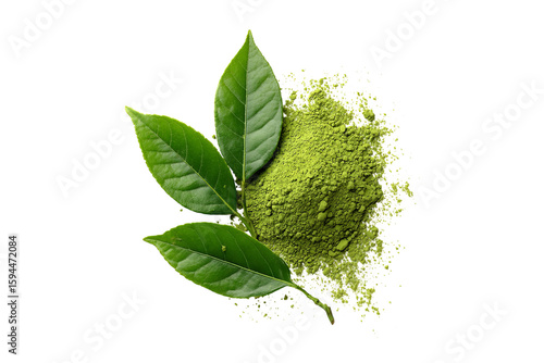 Green matcha powder and fresh tea leaves isolated on transparent background