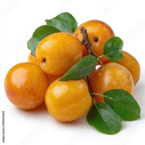 Pile of ripe yellow jujube fruits with green leaves isolated on white background