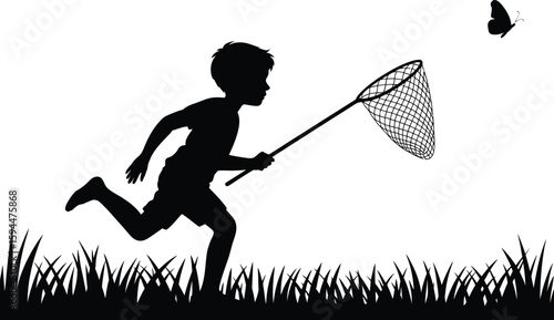 Silhouette of a Boy Chasing Butterfly with Net on White Background