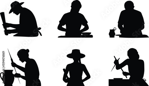 Silhouettes of Artisans Working with Clay and Tools on White Background