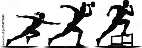 Black Silhouettes of Athletes in Action Running and Weightlifting