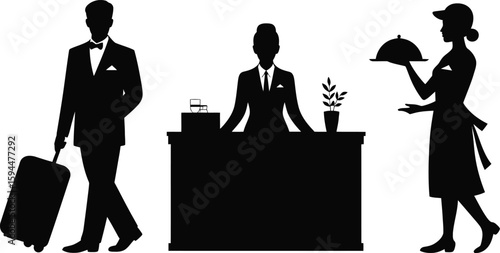 Black Silhouettes of Hotel Guests Receptionist and Waitress with Tray
