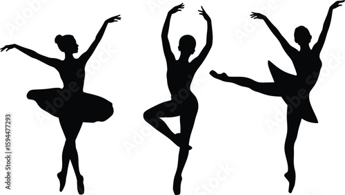 Black silhouettes of three ballet dancers in various poses on white background
