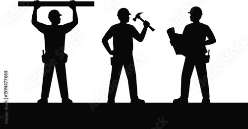 Silhouette Construction Workers with Hammer Blueprint and Beam