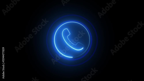 Glowing neon calling icon with neon circle. Incoming telephone call icon animation on black background.